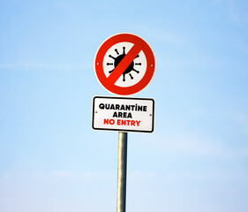 Quarantine area. Warning sign. Coronavirus has no entry. Blue sky. Virus icon. Quarantine zone.