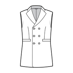 Sleeveless jacket lapelled vest waistcoat technical fashion illustration with double breasted, button-up closure, pockets. Flat template front, white color style. Women, men unisex top CAD mockup