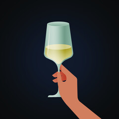 Hand Hold Glass of White Wine on Dark Background. Modern Vector Illustration. Social Media Ads.
