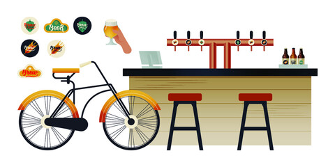 Kinds of Beer Badges. Bar Counter with Beer Tower. Vintage Bicycle. Hand Hold Glass with Beer. Modern Flat Vector Concept Illustrations. Social Media Ads.