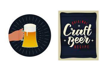 Craft Beer. Original Recipe. Modern Vector Illustration. Lettering Composition with Decorative Elements in Frame. Badge with Hand Hold Beer Glass. Social Media Ads. 