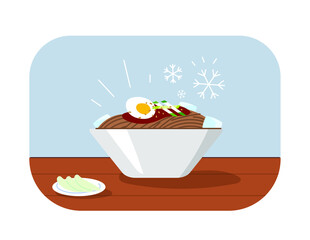 Korean traditional summer food naengmyeon vector illustration. Cold Bibim Naengmyeon and pickled radish.
