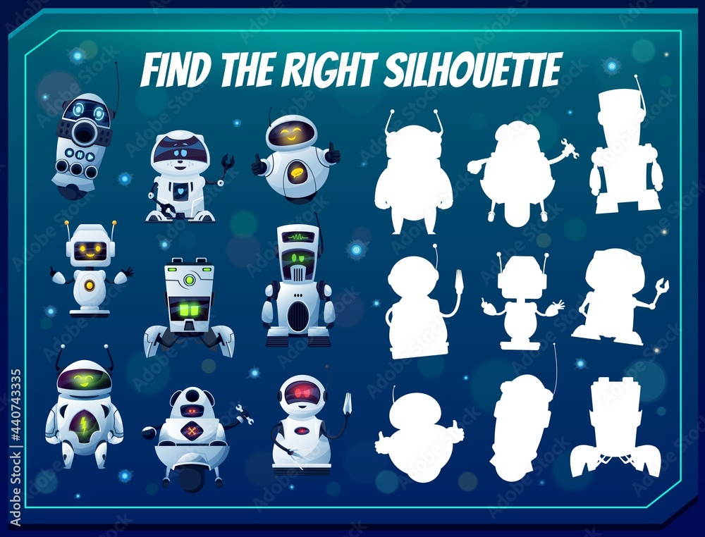 Poster Kids game find the right robot silhouette, shadow match vector riddle with cartoon cyborgs. Children logic test with androids and artificial intelligence bots. Education worksheet for mind development