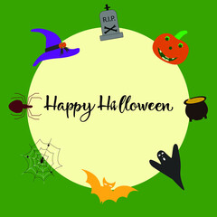 Naklejka premium banner card Happy halloween with hat pumpkin spider 