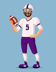 Standing american football player. Male person in cartoon style.