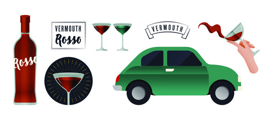 Vermouth Rosso. Lettering Composition with Decorative Elements. Bottle. Badge. Hand Pour Liquid. Car. Kinds of Glasses. Modern Vector Illustration. Social Media Ads.