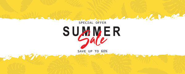 Elegant summer sale banner with tropical leaf theme