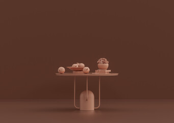 Single coffee table with fruit plate, books, ornamental plants and vases in rosy brown room, monochrome single color, 3d Rendering