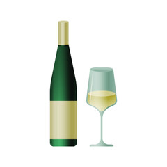 Green Bottle with Light Label and Glass with Liquid on White Background. Modern Vector Illustration. Social Media Ads.