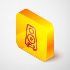 Isometric line Stereo speaker icon isolated on grey background. Sound system speakers. Music icon. Musical column speaker bass equipment. Yellow square button. Vector