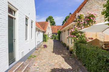 Fototapeta na wymiar Little cobblestoned street with old houses in Bourtange