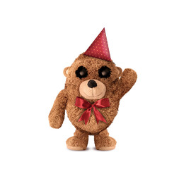 The plush bear salutes. Plush bear character reinterpreted with photo manipulation. Cute plush bear. Valentine's Day. 3D illustration. Plush bear character design. White background.