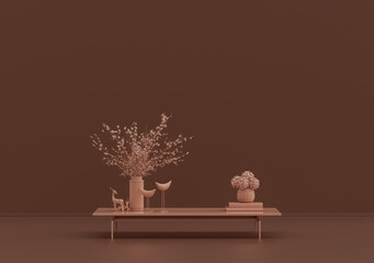 Single coffee table with books, ornamental plants and vases in rosy brown room, monochrome single color, 3d Rendering