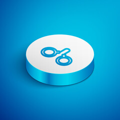 Isometric line Handcuffs icon isolated on blue background. White circle button. Vector