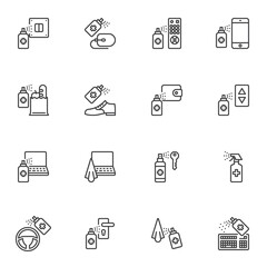 Disinfection and cleaning line icons set