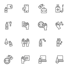 Disinfectant sanitizer line icons set