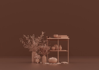 Single coffee table with coffee mug and books in rosy brown room, monochrome single color, 3d Rendering