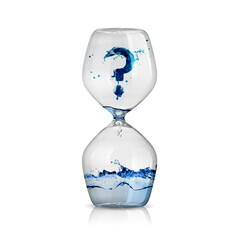 Sand watch. The hourglass is about climate change and water depletion. 3D illustration. Arid climate. Hourglass, water droplets, dry land. White background with clipping pat.