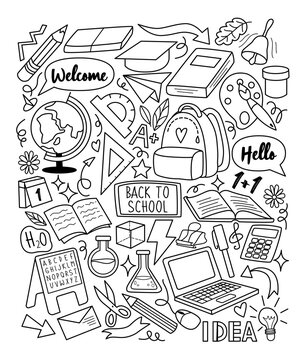 Vector illustration background design sketch outline element of education. Hand drawn back to school icons set. Template for school.Draw doodle cartoon style.