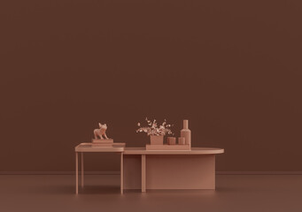 Single coffee table with ornamental plants and vases in rosy brown room, monochrome single color, 3d Rendering