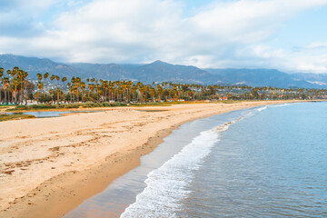 Palm trees on the shore, photographed from a pier in Santa Barbara, California