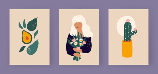 Collection of still life boho posters. Abstract woman silhouette with flowers. Girl with white hair holds bouquet. Halves and whole green vegetables. Thorny succulent with flowers in minimalist pot