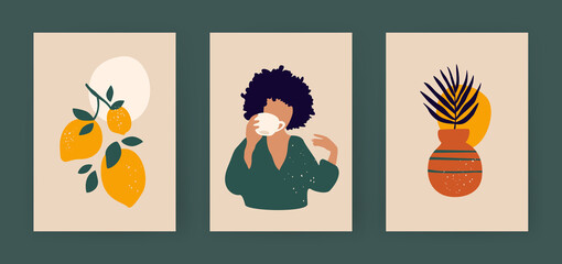 Contemporary art posters in pastel colors. Branch of lemons and abstract boho woman with cup. Minimalistic yellow fruits in sun. Female drinks coffee. Terracotta striped pot with tropical drawing leaf