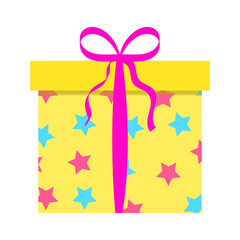 gift festive closed box with a lid, yellow with a pattern of stars, a ribbon and a bow. isolated on white background, close up, vector illustration. for decorating postcards, posters, banners