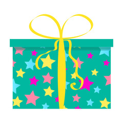 gift festive closed box with a lid, green with a pattern of stars, a ribbon and a bow. isolated on white background, close up, vector illustration. for decorating postcards, posters, banners
