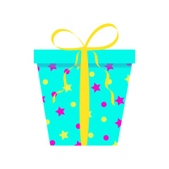 gift festive closed box with a lid, green with a pattern of stars, a ribbon and a bow. isolated on white background, close up, vector illustration. for decorating postcards, posters, banners