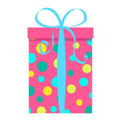 pink gift box with a pattern of circles and a ribbon with a bow. vector illustration isolated on white background. multicolored