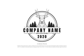 Vintage Retro Deer Reindeer Elk with Pine Cedar Spruce Evergreen Conifer Fir Trees Forest Badge Emblem for Hunting Camp Wilderness Adventure Logo Design Vector
