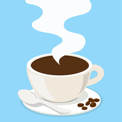 Hot white cup coffee with beans Flat cartoon