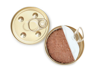 Tin cans of wet pet food on white background, top view