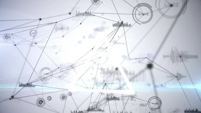 Triangle shape spinning against network of connections and data processing on gey background