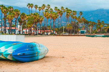 Surfboards on the beach on the beach in Santa Barbara, California, USA