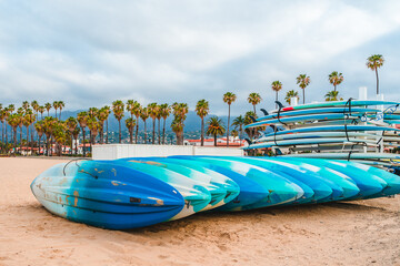 Surfboards on the beach on the beach in Santa Barbara, California, USA