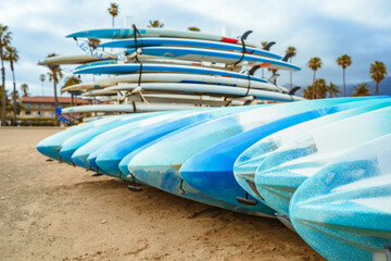 Fototapeta premium Surfboards on the beach on the beach in Santa Barbara, California, USA