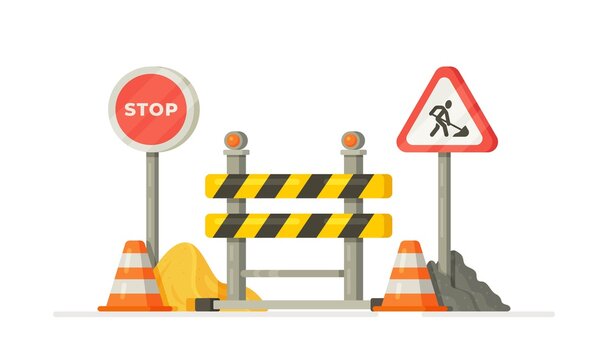 Vector illustration of site construction. A collection of construction signs. 