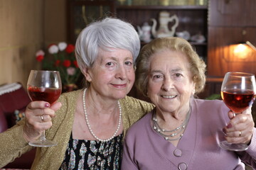 Fun senior women drinking wine