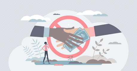 Anti corruption scene with illegal bribe money transfer tiny person concept. Stop fraud and greedy bribe vector illustration. Give criminal finances and refuse or reject offer. Guilty cash payment. - obrazy, fototapety, plakaty
