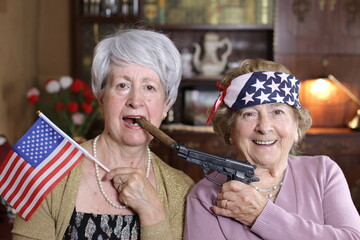 American ladies holding a gun and smoking a cigar