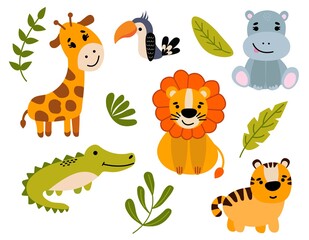 Naklejka premium Jungle. Set of cute hand drawn animals. Lion, tiger, crocodile, giraffe, hippo. White background, isolate. Vector illustration.