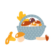 Autumn card with a basket of mushrooms. Vector cute greeting card