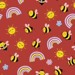 Bee Seamless pattern. Cute hand drawn bees, flowers, clouds, rainbow, sun. Design for fabric, textile, wallpaper, packaging, for children.	