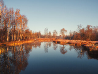 Fototapeta na wymiar Sunny morning landscape with autumn pond.