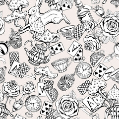 Wonderland seamless pattern. Black cartoon doodles hand drawn detailed, with lots of objects background. Flowers, white rabbit, cards, mushroom. Texture for fabric, wallpaper, decorative print - 440748397
