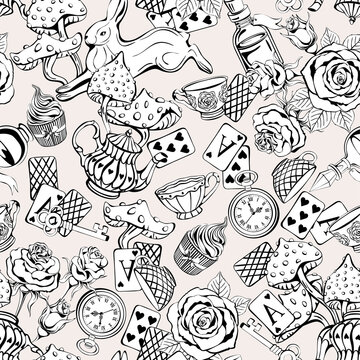 Wonderland seamless pattern. Black cartoon doodles hand drawn detailed, with lots of objects background. Flowers, white rabbit, cards, mushroom. Texture for fabric, wallpaper, decorative print