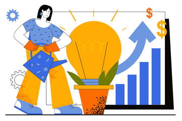 Business idea web concept. Businesswoman developing new project. Woman watering light bulb, metaphor of innovation and investment. Vector illustration for web page template in flat line design