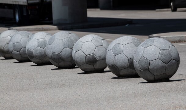 Football Shaped Concrete Barriers At The Parking Lot Of The Vienna Ernst Happel Stadium